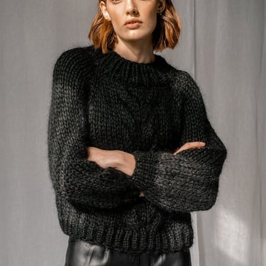 Chunky Braid Sweater — Hand Knit Mohair Cropped Pullover, Luxurious Oversized Cable Knit Sweater, Mockneck & Bubble Sleeves, Boxy Fit Raglan 