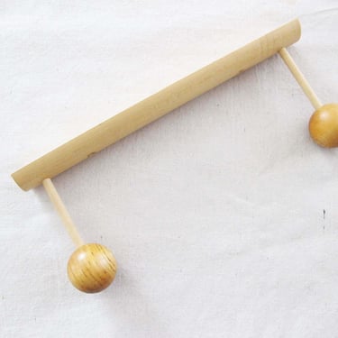 Vintage 60s Wooden Double Knob Rail 14" - Mid Century Blonde Wood Oversized 2 Hook Ball Coat Hanger Wall Organizer - Scandinavian 