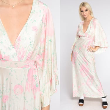 70s Floral Maxi Dress Boho Angel Wing Sleeve V Neck Empire Waist Hippie Bohemian Festival Seventies Summer White Pink Vintage 1970s Small S 