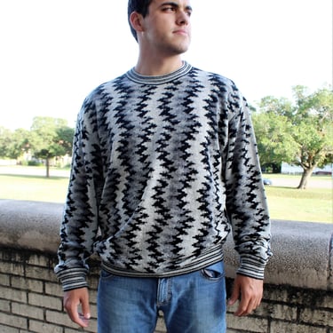 Vintage 1990s Jhane Barnes Pullover Sweater, Black Gray, Long Sleeve, Wool Blend, XL Men 