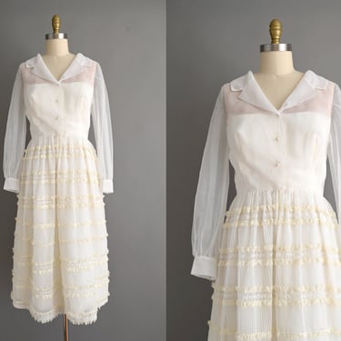 vintage 1960s Dress | Jack Bryan White Chiffon Lace Dress | Large 