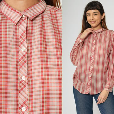 70s Checkered Blouse Pastel Pink Plaid Button up Top Collar Shirt Long Sleeve Retro Collared Vintage 1970s Medium 