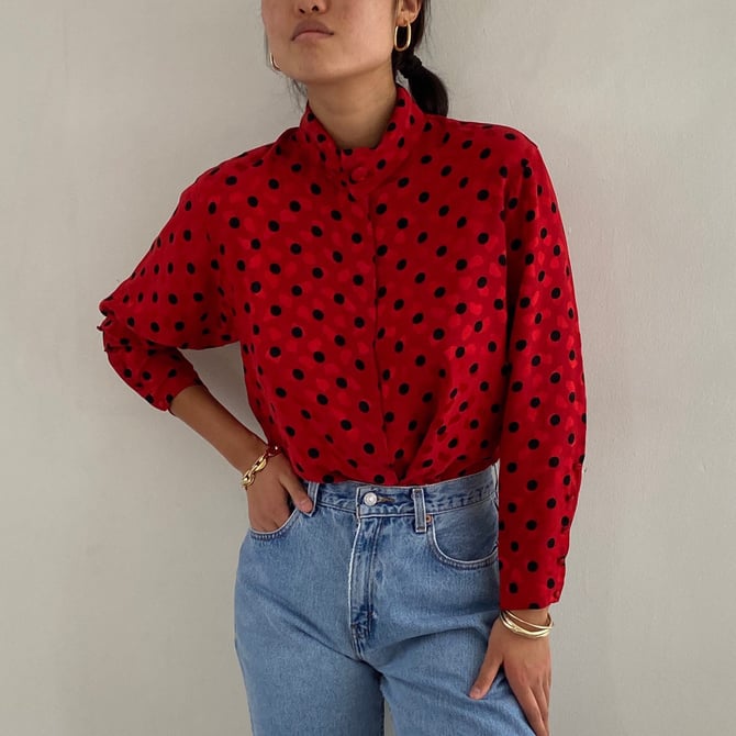 70s silk blouse / vintage red black polka dot 100% silk jacquard high collared batwing Jaeger blouse | S M 