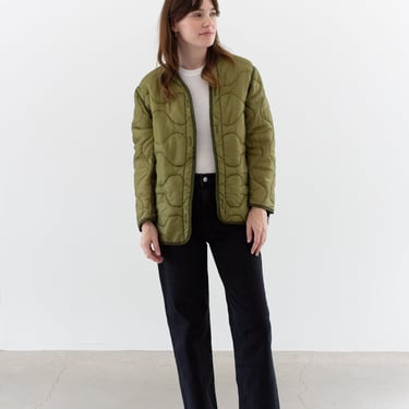 Vintage Green Liner Jacket | Unisex Wavy Quilted Nylon Coat | XS S | LI210 
