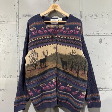 Vintage Nature Picture Knit Cardigan Sweater Northern Treasures with Metal Buttons Cotton Warm Cozy Cable knit Details Womens Large 