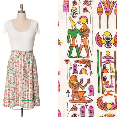 Vintage 1970s Wrap Skirt | 70s Egyptian Novelty Print Cotton High Waisted A-Line Printed Skirt with Pocket (medium/large) 