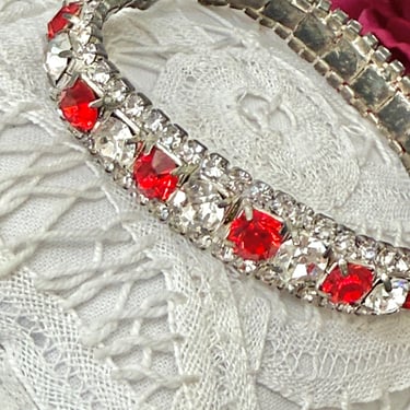 Sparkly Bling Bracelet, Red and Clear Rhinestone Gems, Vintage 70s 80s 