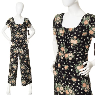 Vintage 1990s Jumpsuit | 90s DEADSTOCK NWT Ditsy Floral Rayon Full Length Long Wide Leg Romantic Grunge Jumpsuit (small) 