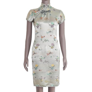 Floral Silver Cheongsam Short Dress Modern Qipao Frog Knot Elegant Outfit Wedding Party Cocktail Attire Unique Gift for Her Formal Evening 
