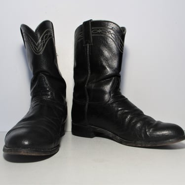 Vintage 1980s Justin Roper Cowboy Boots, Black Smooth Ostrich Leather, Size 9 1/2D Men 