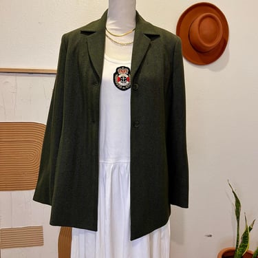 Vintage 90s Valerie Stevens Green Herringbone Long Two Button Blazer Jacket -10 