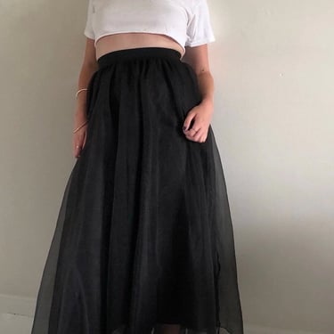 90s chiffon maxi skirt / vintage black sheer chiffon elastic waist long cocktail hostess maxi skirt | S M 