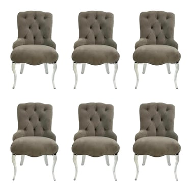 Caracole Modern Gray Tufted Velvet Glass Slipper Side Dining Chairs Set of 6