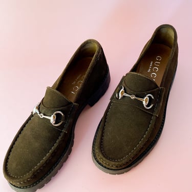 Vintage Gucci Brown Suede Loafers with. Lugg Sole, sz. 9.5