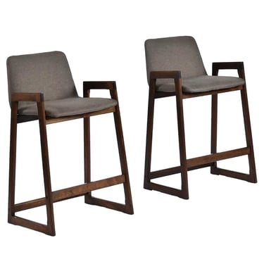 Pair Danish Walnut Colored Teak Upholstered Counter Height Barstools With Backs 