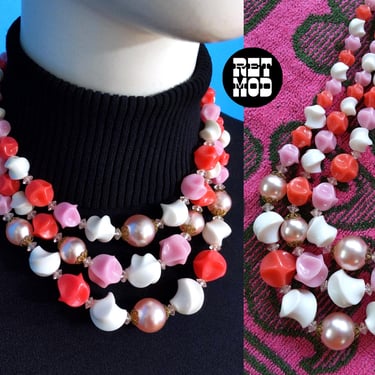 Pretty Vintage 60s Salmon Pink White Unique Beaded 3-Strand Statement Necklace 