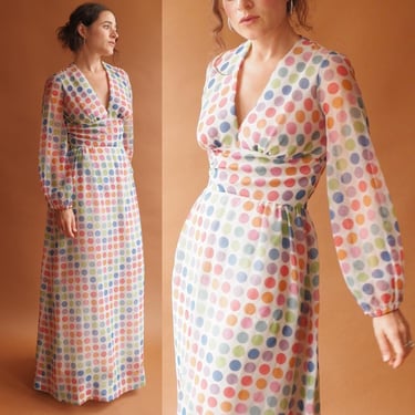 Vintage 70s Polka Dot Maxi Dress/ 1970s Rainbow Pop Art Balloon Sleeve Dress/ Size Small 