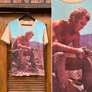 Vintage 1970’s “Steve McQueen” Photoprint Poly Glam Mid Disco Shirt, 70’s Tee Shirt, 70’s T Shirt, Vintage Clothing 