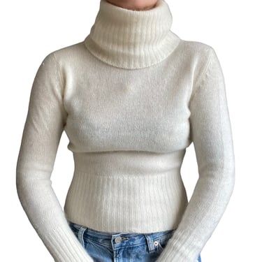 Vintage 80s Womens Hand Loomed Lambswool Angora Blend Fluffy Turtleneck Sweater 
