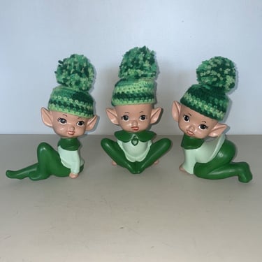 Vintage Ceramic Pixie 3 Pc Set with Knit PomPom Hats, adorable pixie elf figurines, St.Patrick's day decor, green pixie elfs 