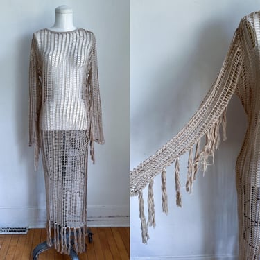 Vintage Beige Fringed Crochet Dress / S-M 