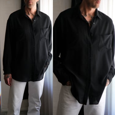 Vintage 90s DONNA KARAN Black Label Black Sheer Crepe Mens Blousy Button Up Shirt | 1990s DKNY Designer Relaxed Fit Long Sleeve Shirt 