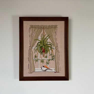 70's Vintage Coastal  Palm Beach - Style Crewel Embroidery, Signed 