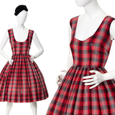 Vintage 1950s Dress | 50s Plaid Tartan Cotton Red Black Sleeveless Plunge Neckline Fit and Flare Full Skirt Fall Sundress (medium) 