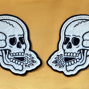 Handmade / hand embroidered off-white & black felt patch - black lines skull and fire - traditional tattoo flash 