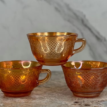 Federal Glass Co. Normandie Bouquet Lattice Design - Set of 3 Beautiful Teacups for Collectors 