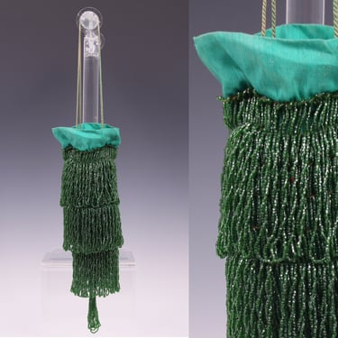 Vintage 1920's Emerald Green Beaded Handbag • 20's Deco Green Drawstring Purse 