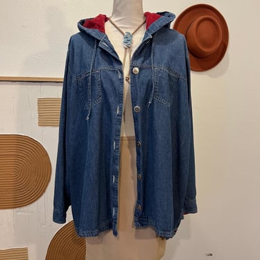 Vintage 90s Blue Cotton Denim Red Corduroy Hooded Oversized Utility Jacket 