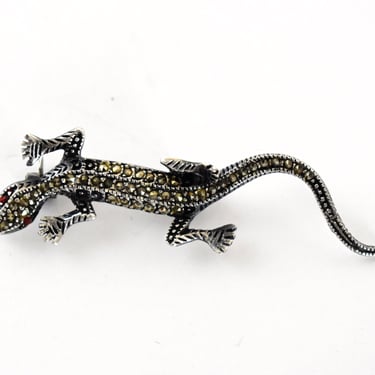 80's sterling marcasite garnet Charles Winston lizard brooch, Art Deco style CW 925 silver pyrite red-eyed gecko pin 