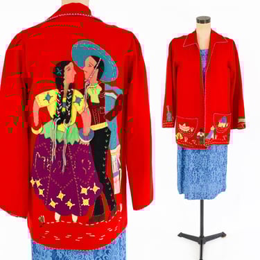 1950s Embroidered Red Wool Coat | 50s Red Wool Souvenir Jacket | Guillermo Guevara | Medium 