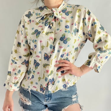 1970's Button up Flowers and Butterflies Pussybow Blouse fits XS - L 