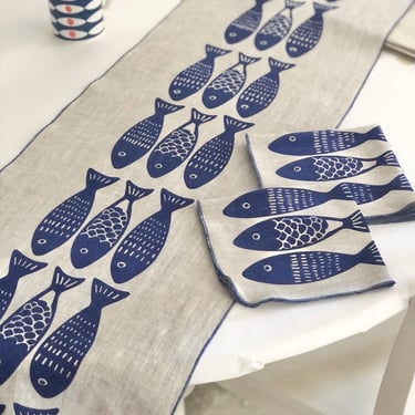 Sardine table runner hand printed on linen 