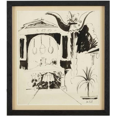 1921 Antique Original JOHN JON-AND Ink Drawing on Paper, Christmas Time in Rome Matted and Framed Art 
