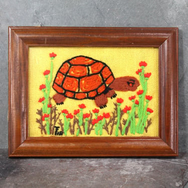 Vintage Yarn Needlepoint | Orange Turtle | Turtle Needlepoint 8 1/2" x 6 1/2" in Black Frame | Bixley Shop 