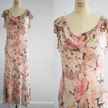 1990s-does-1930s Ralph Lauren Silk Chiffon Floral Bias Dress 