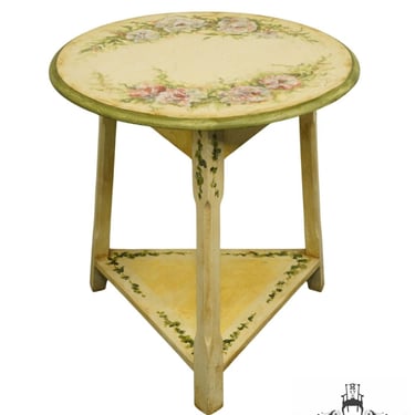 HABERSHAM Rustic Shabby Chic Cream / Off White Hand Painted Floral 24" Round Accent End Table 