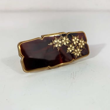 Vintage Lipstick Mirror Clip On Gold Brown Flowers Retro Mid-Century Pocketbook Compact Purse Made in England Stratton Floral Holder 1970s 