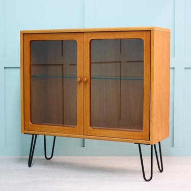 Teak & Glass Mini Display Cabinet / Bookcase on Black Metal Hairpin Legs - G Plan Fresco - Redesigned - Refurbished - Mid Century Modern MCM 