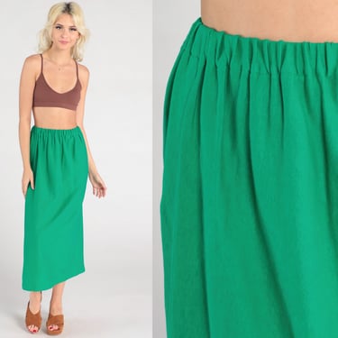 Green Midi Skirt 80s Straight Column Skirt High Waisted Plain Midi Cotton Blend Boho Hippie Retro Vintage Bohemian 1980s Simple Small Medium 