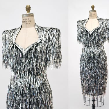 80s 90s Vintage Silver Beaded Fringe Dress Vintage Gold Metallic Dress Small Medium// Beaded Fringe Dress Flapper Cher Dress 80s Glam 