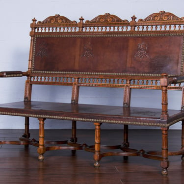 Early 19th Century French Renaissance Henry II Walnut Bench W/ Brown Leather 