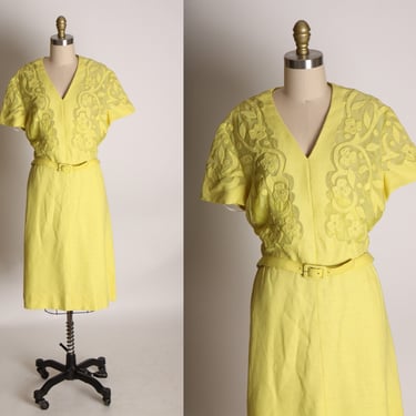 1960s Yellow Sheer Floral Bodice Detail Short Sleeve Dress by Harmay by St. Amour -2XL 