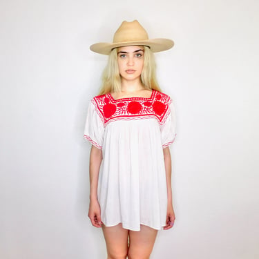 Hand Embroidered Mexican Gauze Blouse // vintage cotton boho red hippie Mexican embroidered tunic mini sun dress hippy white // O/S 