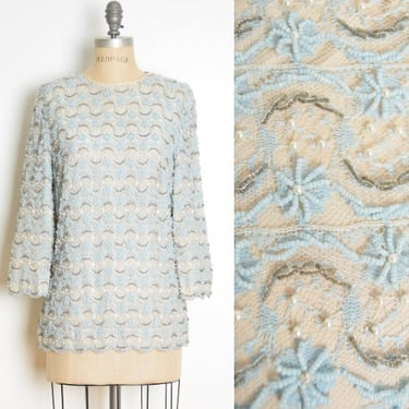 vintage 60s top cream blue lace beaded tunic shirt blouse clothing M 