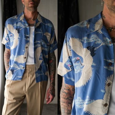 Vintage 40s Style AVANTI Hawaiian Light Sky Blue Silk Asian Crane Print Loop Collar Shirt | 100% Silk | Y2K Does 1940s Designer Silk Shirt 