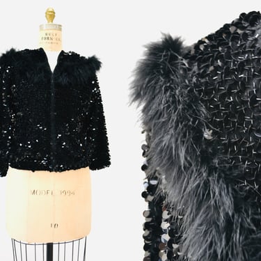 60s 70s Vintage Black Sequin Jacket Cardigan Boa Feathers Small// Black Sequin Party Formal Jacket Cardigan Holiday Metallic Sequin Jacket 